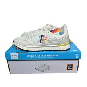 NEW Aldi Gear Womens 8 Sneakers White Colorful Logo Retro Inspired Memory Foam